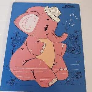 Vintage Playskool Pink Elephant Wooden Board Puzzle Kids Preschool Learning